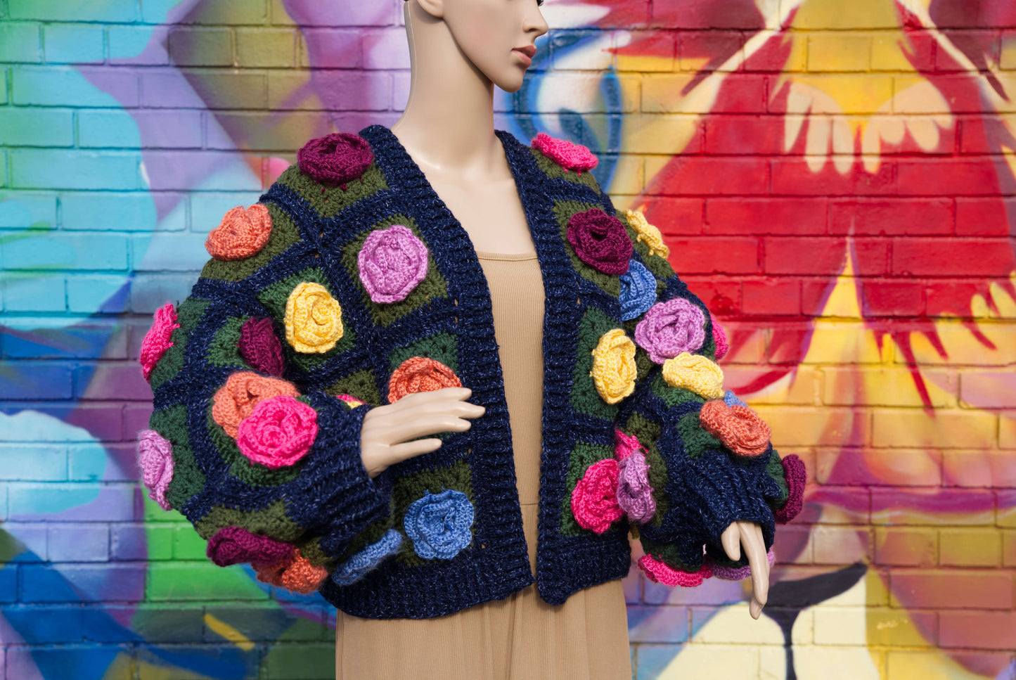 Colorful Rose Flower Cardigan on Denim