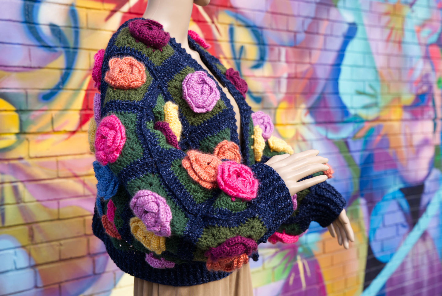 Colorful Rose Flower Cardigan on Denim