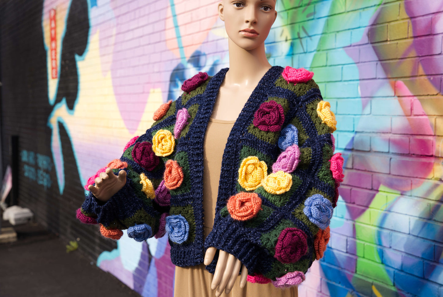 Colorful Rose Flower Cardigan on Denim