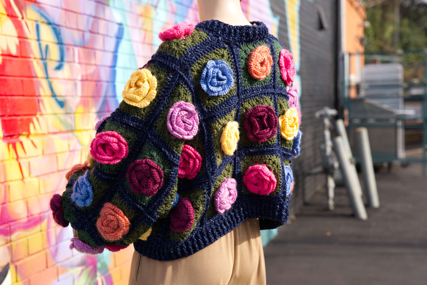 Colorful Rose Flower Cardigan on Denim