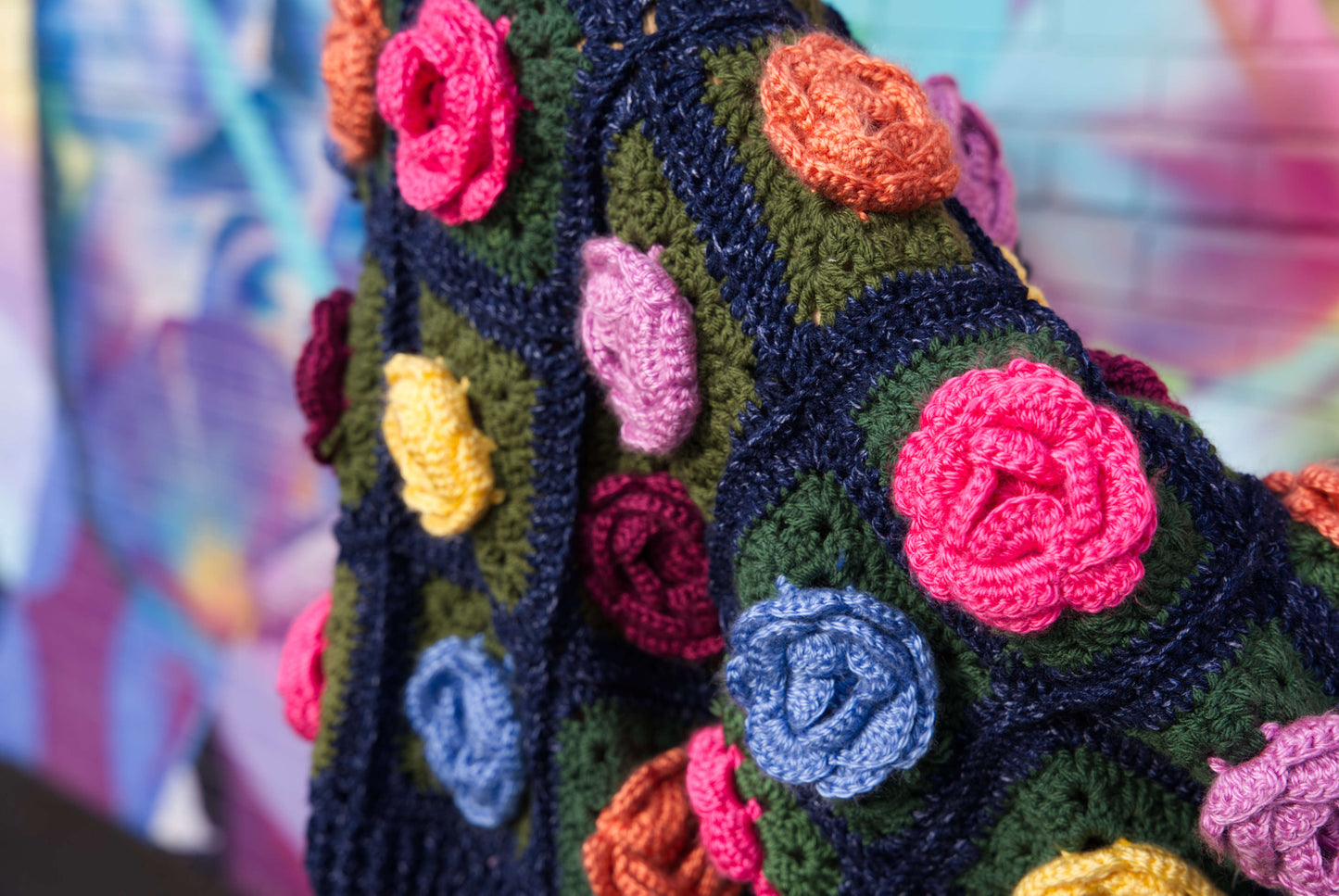 Colorful Rose Flower Cardigan on Denim