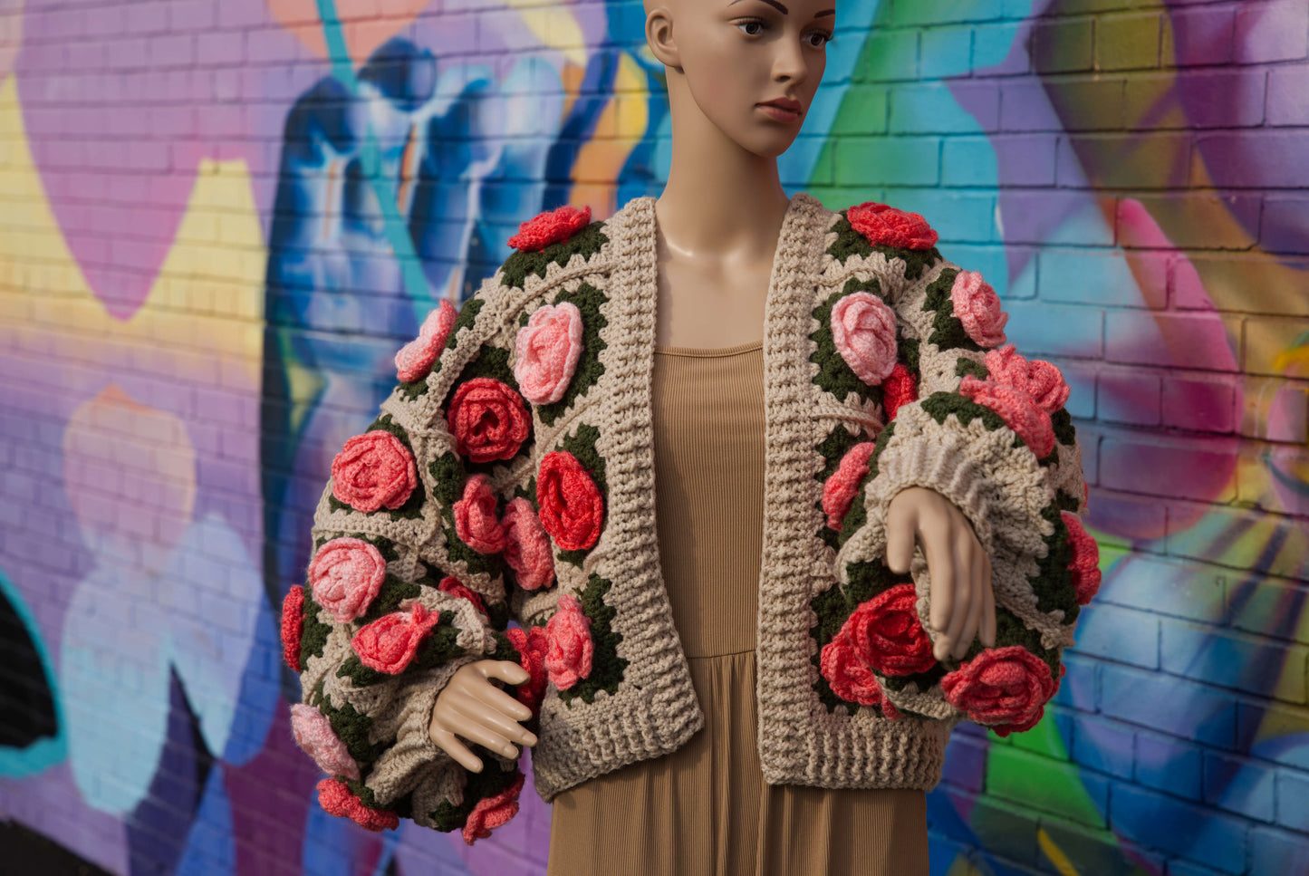 Coral Ombre Rose Flower Cardigan on Cream