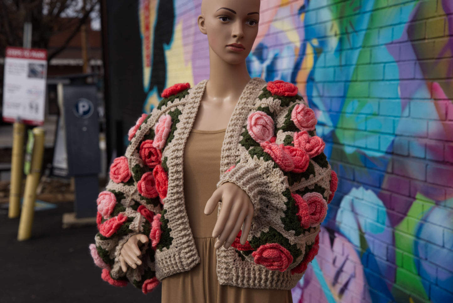 Coral Ombre Rose Flower Cardigan on Cream