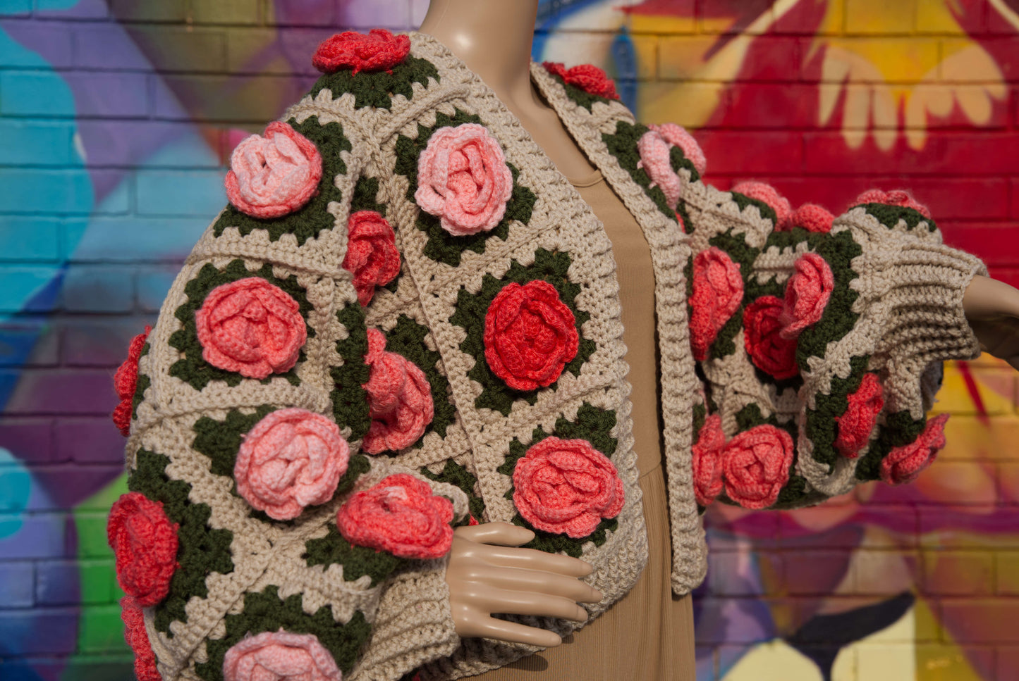 Coral Ombre Rose Flower Cardigan on Cream