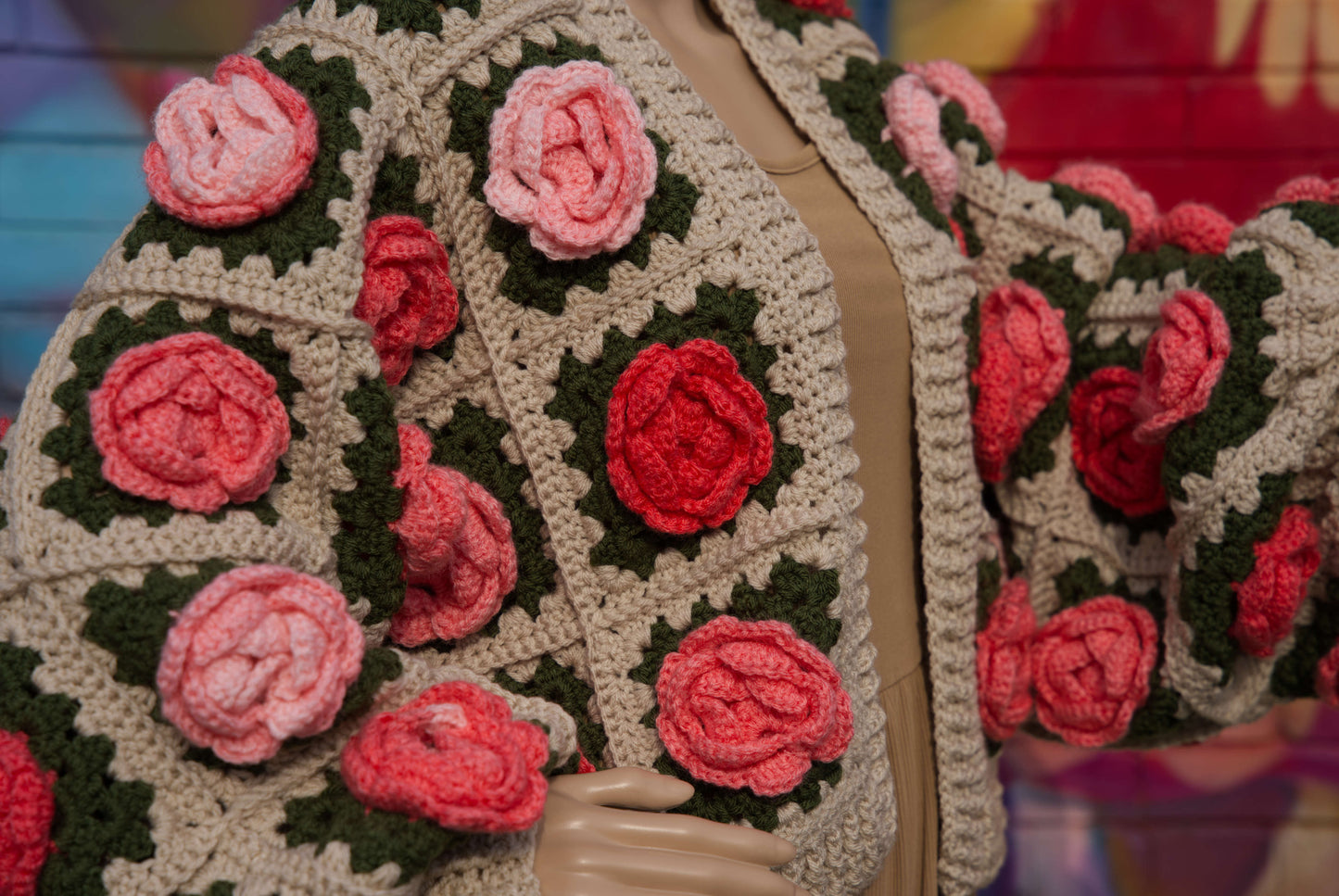 Coral Ombre Rose Flower Cardigan on Cream