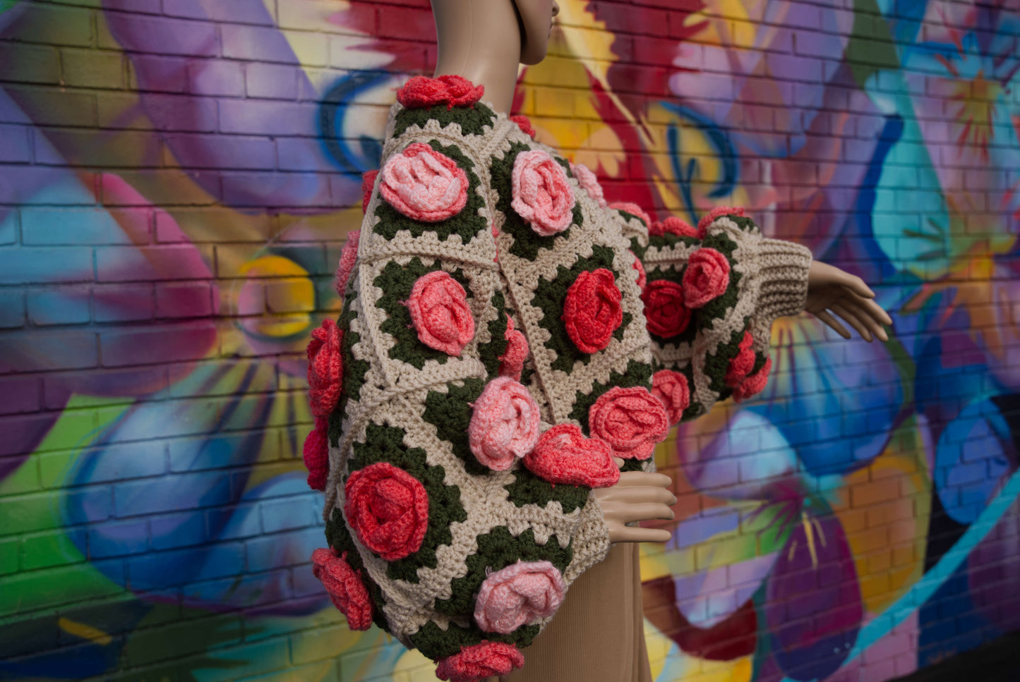 Coral Ombre Rose Flower Cardigan on Cream
