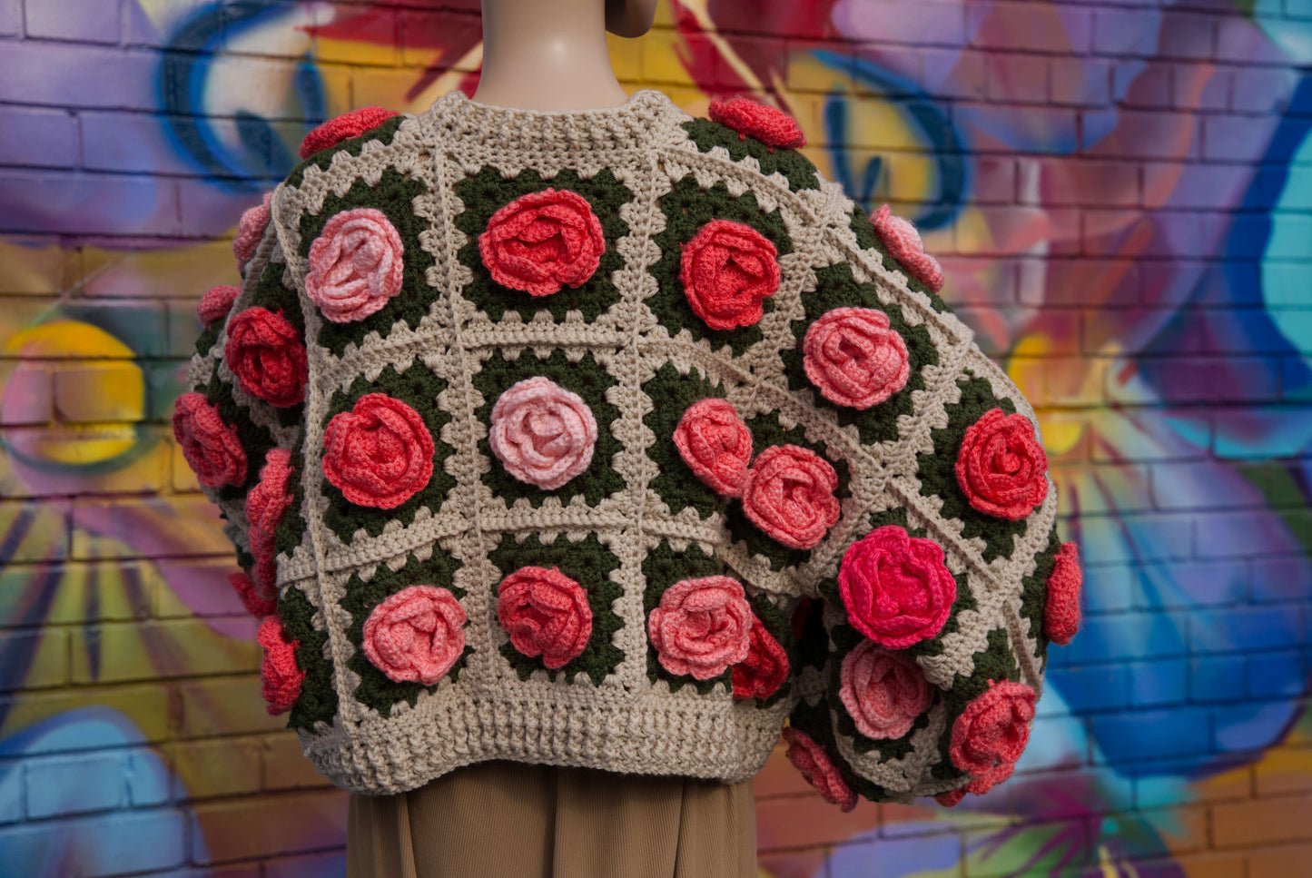 Coral Ombre Rose Flower Cardigan on Cream