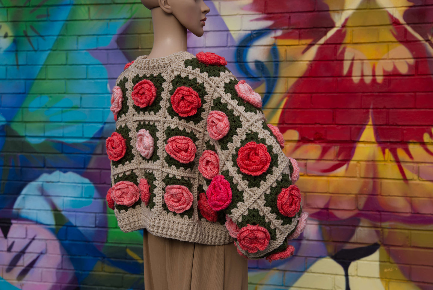 Coral Ombre Rose Flower Cardigan on Cream