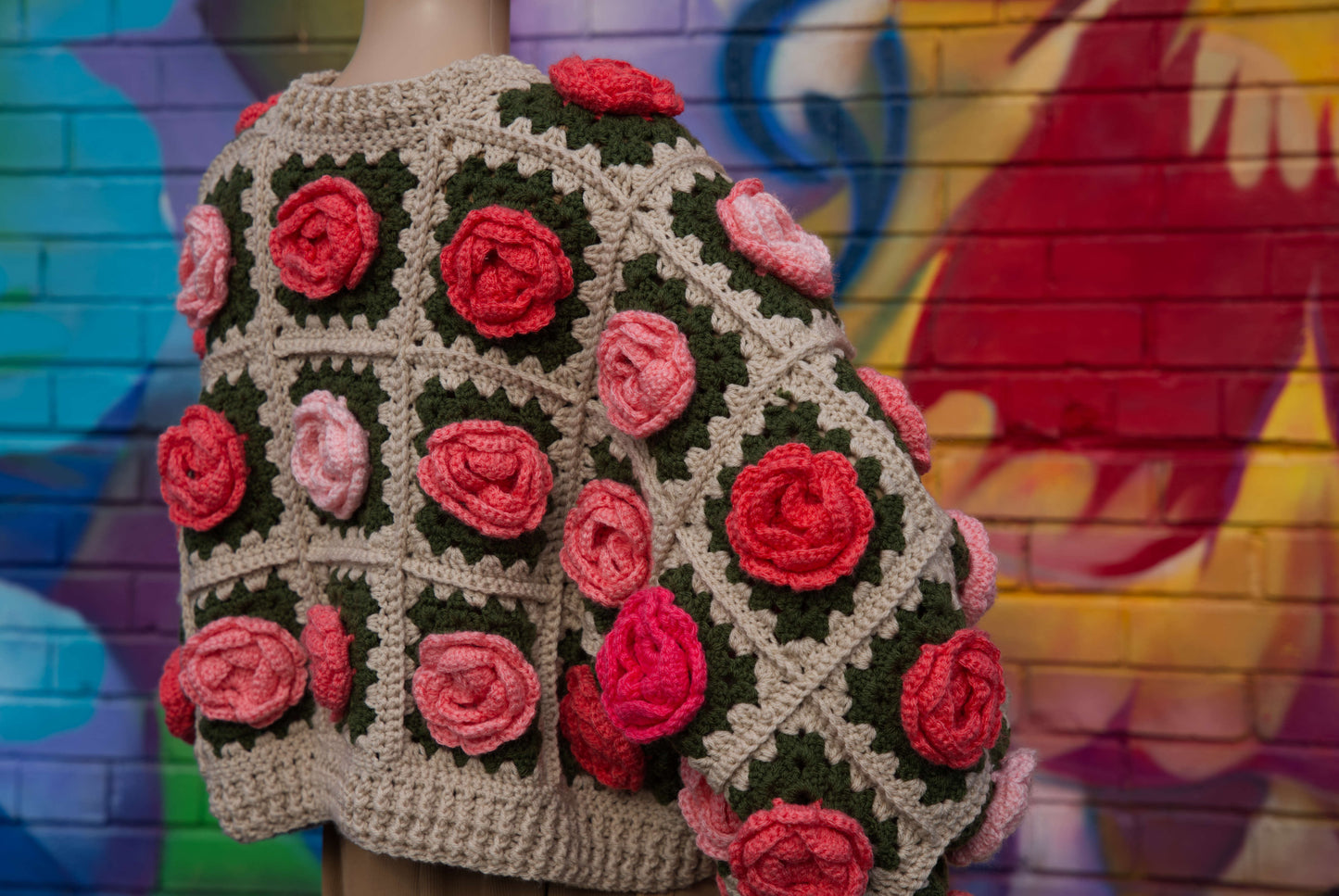 Coral Ombre Rose Flower Cardigan on Cream