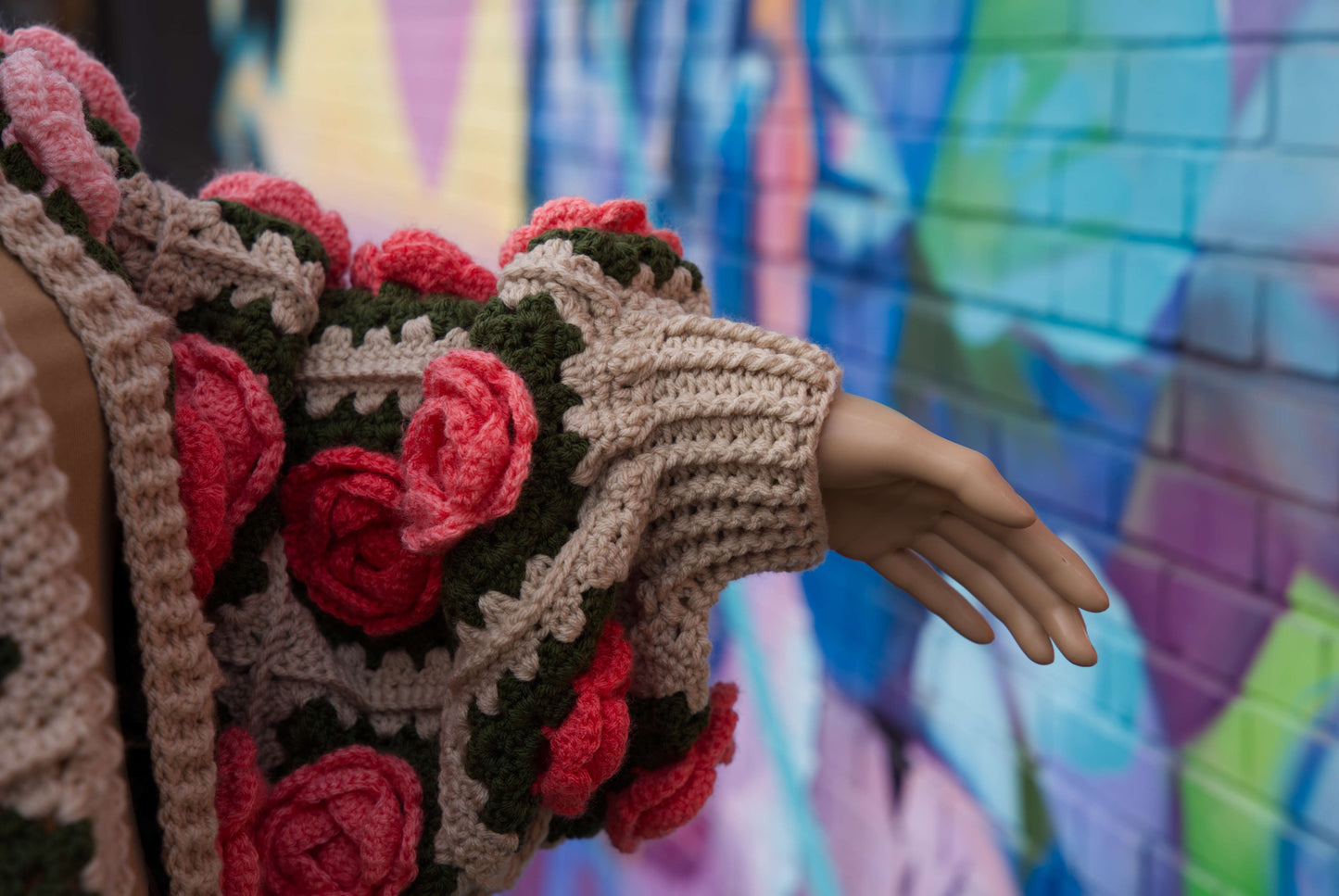 Coral Ombre Rose Flower Cardigan on Cream