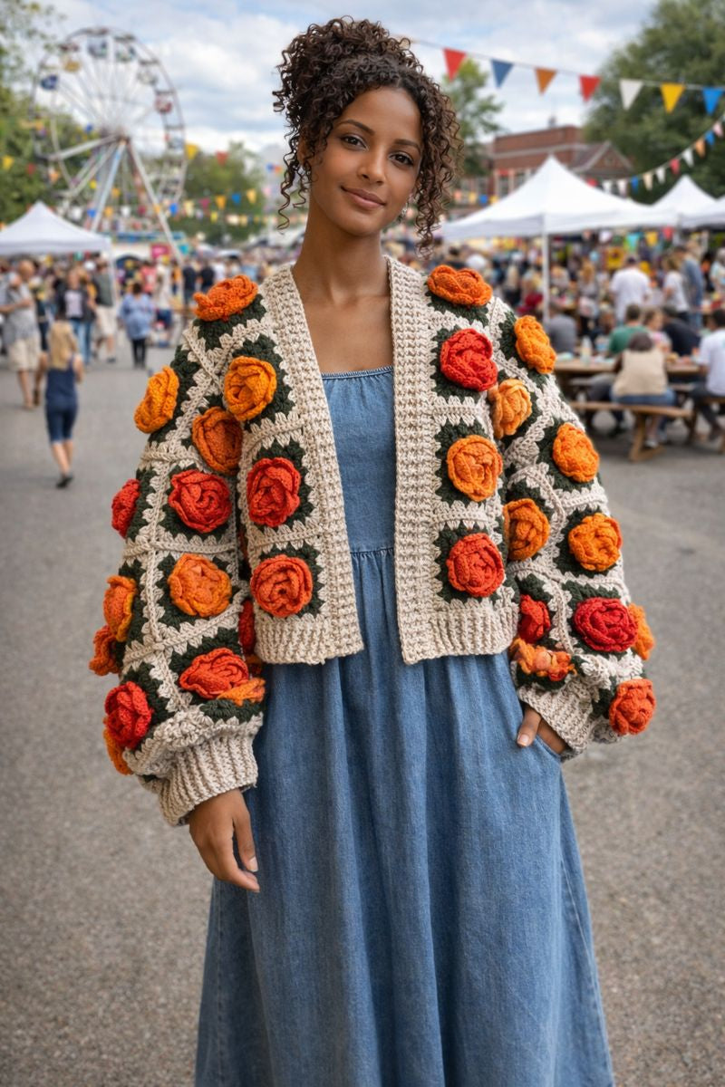 ベリーブレイン　 Crochet cardigan　ボレロ Rose Garden Crochet Cardigan - Autumn Sunset Ombre Roses – Full of