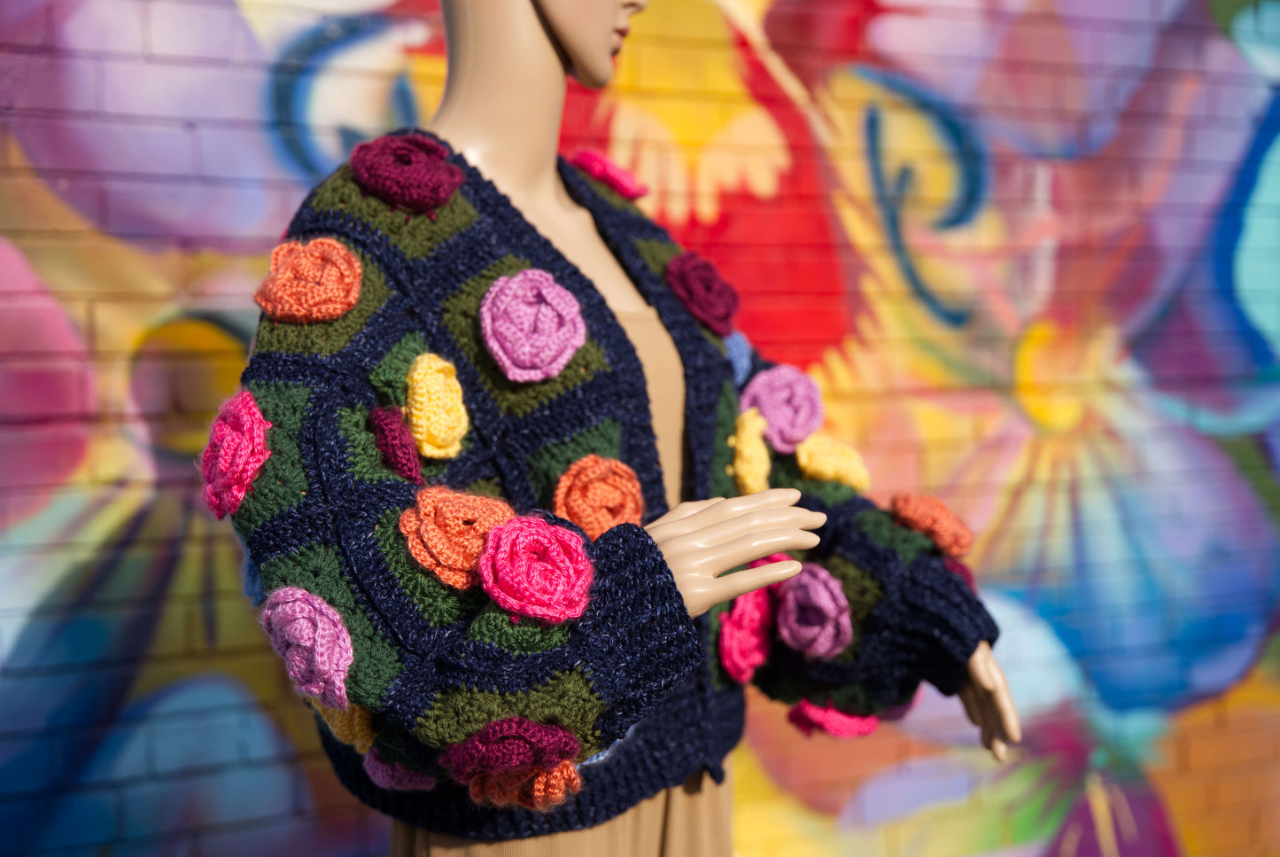 Colorful Rose Flower Cardigan on Denim