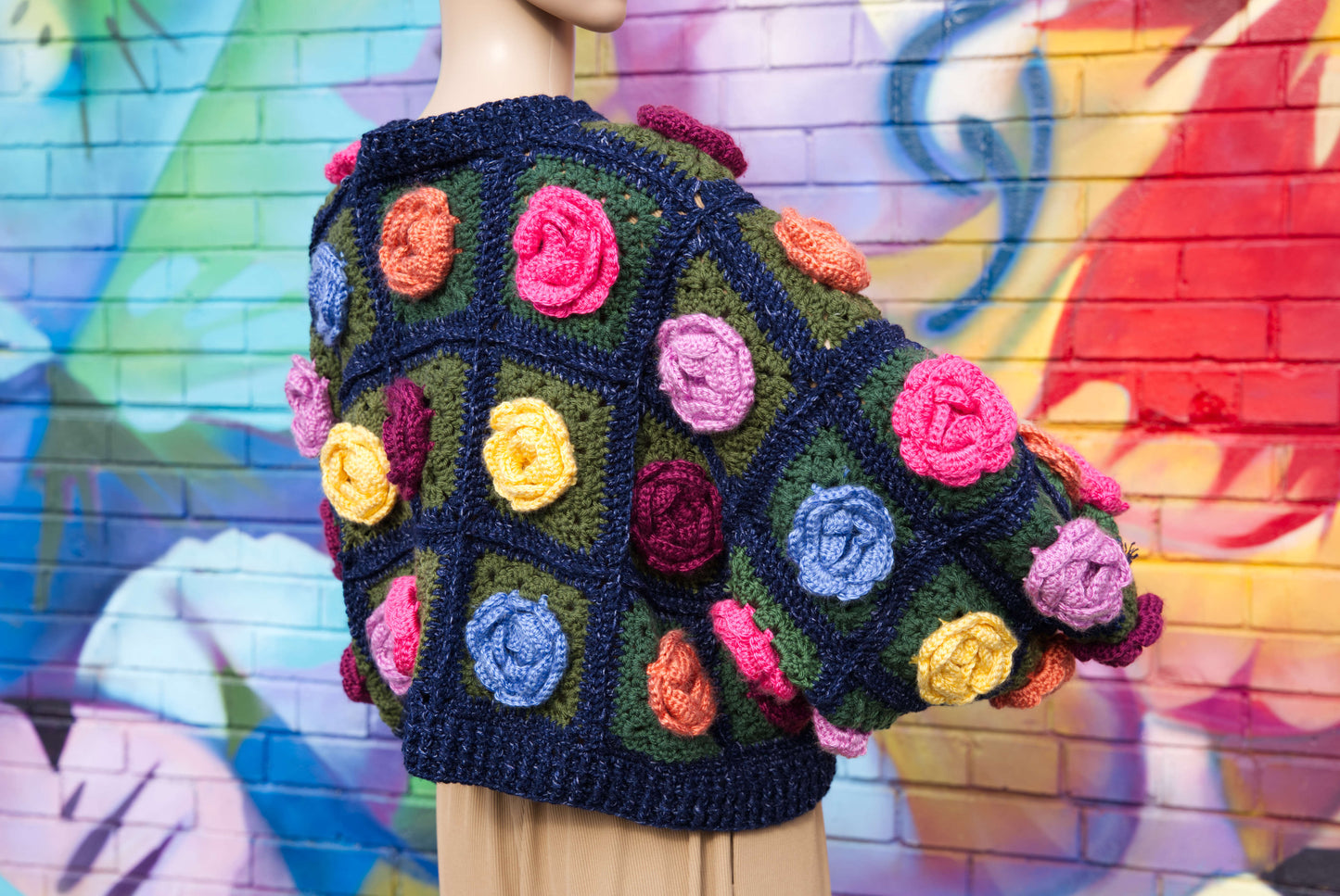 Colorful Rose Flower Cardigan on Denim