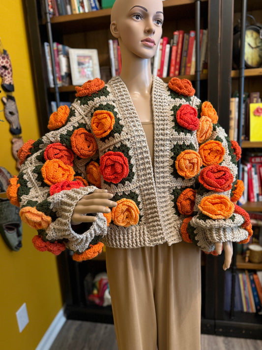Rose Garden Crochet Cardigan - Autumn Sunset Ombre Roses